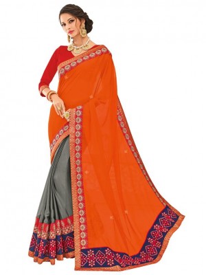 Indian Ethnic orange and gray Wedding Wear New Fashion Bollywood Designer Georgette Saree Free Blouse