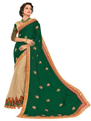 Indian Ethnic green and beige Wedding Wear New Fashion Bollywood Designer Georgette Saree Free Blouse