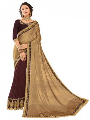Indian Ethnic brown and maroon Wedding Wear New Fashion Bollywood Designer Georgette Saree Free Blouse