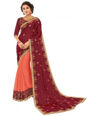 Indian Ethnic maroon and orange Wedding Wear New Fashion Bollywood Designer Georgette Saree Free Blouse
