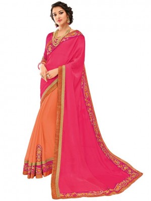 Indian Ethnic pink and orange Wedding Wear New Fashion Bollywood Designer Georgette Saree Free Blouse