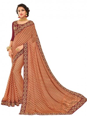 Indian Ethnic maroon and orange Wedding Wear New Fashion Bollywood Designer Georgette Saree Free Blouse