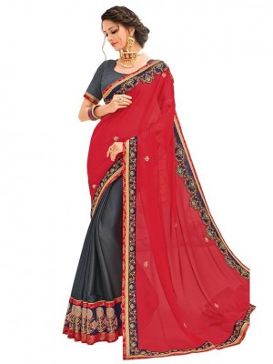 Indian Ethnic red and gray Wedding Wear New Fashion Bollywood Designer Georgette Saree Free Blouse