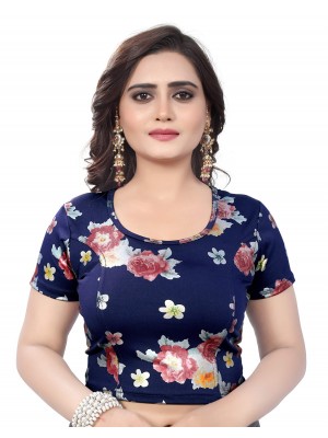 Indian Ethnic Design Stretchable Cotton Lycra Blouse Navy Blue Tops Readymade Saree Blouses Short Sleeve Crop Top
